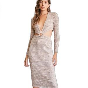 Stripe Knit midriff Baring Long Sleeve Sweater Midi Taupe Dress Size: Medium